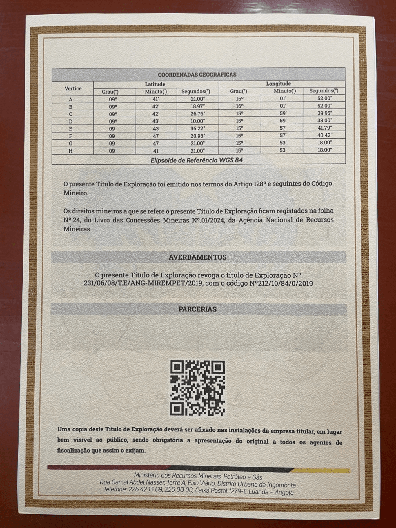 Titre d'exploration ANRM · Verso